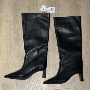 Zara Wide Calf Heeled Black Tall Leather Boots